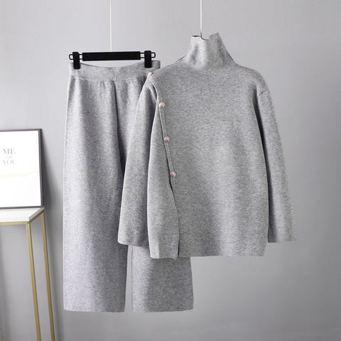 Stand Collar Slit Knitted Turtleneck Sweater Women Winter Warm Anti-Aging Casual Wide Leg Pants Set