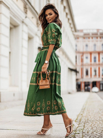 Maxi Dress Stand Collar Half Sleeves Linen Sexy Floral Print Drawstring Floor Length Dress