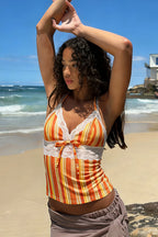 Lace Spliced Orange Striped Halter Top