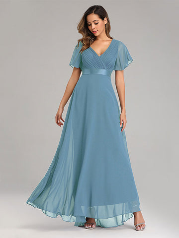 Chiffon-Ballkleider V-Ausschnitt Kurze Ärmel Halbformelles Maxikleid 