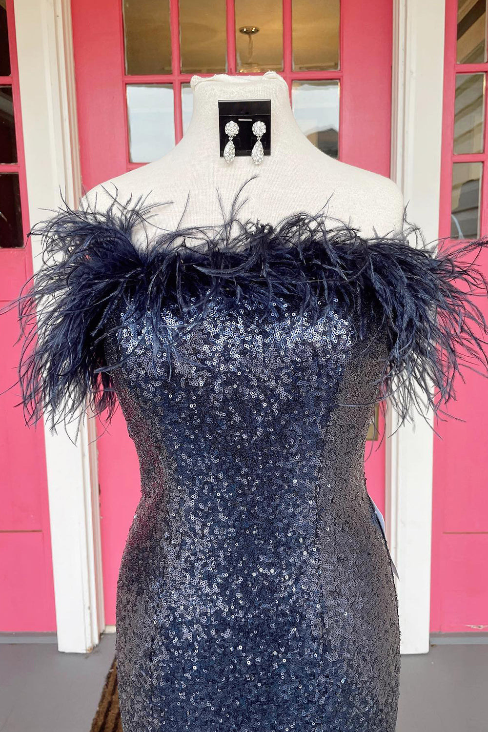 Mermaid Strapless Light Blue Sequins Long Prom Dress with Feathers