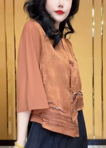 Camisas de seda con botones y cuello en V verde chic con mangas de pulsera 