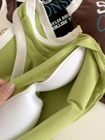 Camiseta sin mangas con estampado de letras para mujer, estilo coreano, con bloques de color y sujetador incorporado, estilo deportivo informal sin mangas, envío directo 