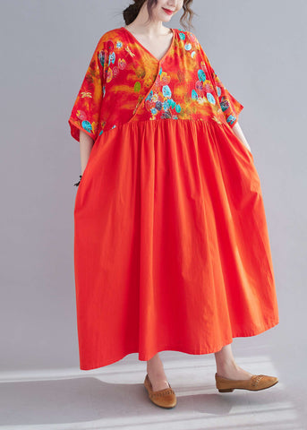 Vestido de fiesta de patchwork rojo con escote en V y media manga 