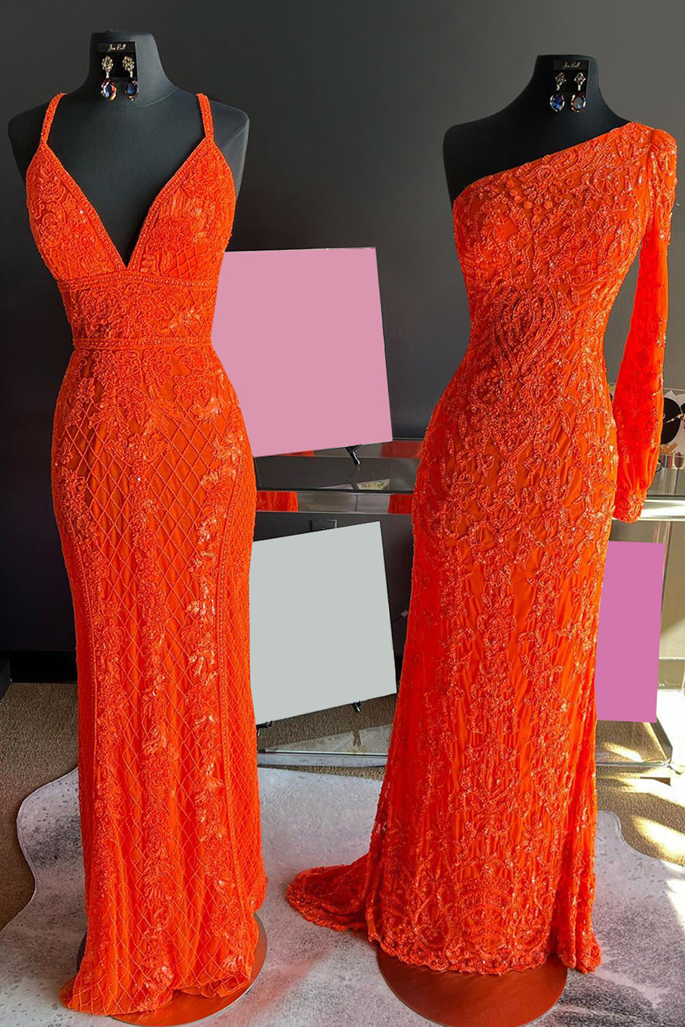 Meerjungfrauen-Abendkleid mit One-Shoulder-Schulter, orangefarbenen Pailletten und langen Ärmeln