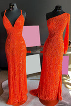 Meerjungfrauen-Abendkleid mit One-Shoulder-Schulter, orangefarbenen Pailletten und langen Ärmeln