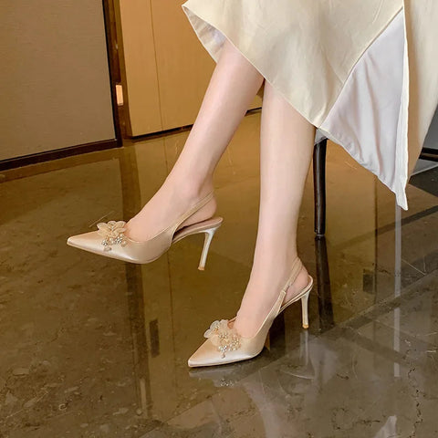 New Silk Champagne High Heels Thin Heels Pointed Toe Shallow Mouth  Back Hollow French Sandals Pearl Flower Wedding Shoes