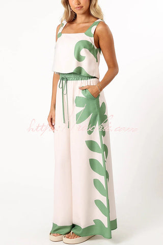 Conjunto de camiseta sin mangas con estampado elegante y pantalones anchos con cintura elástica y bolsillo 