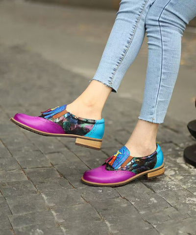 Colorblock Women Splicing Chunky Flat Shoes Cowhide Leather