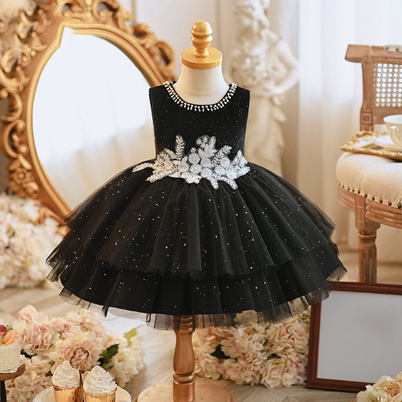 Babykleid für Mädchen, Kleinkindkleid für Kommunion, Partykleid, besticktes Geburtstagskleid, schwarzes Prinzessinnenkleid 