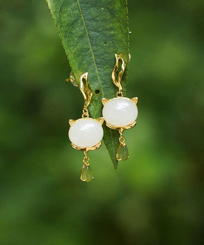 Pendientes vintage de jade dorado en plata de ley blanca 
