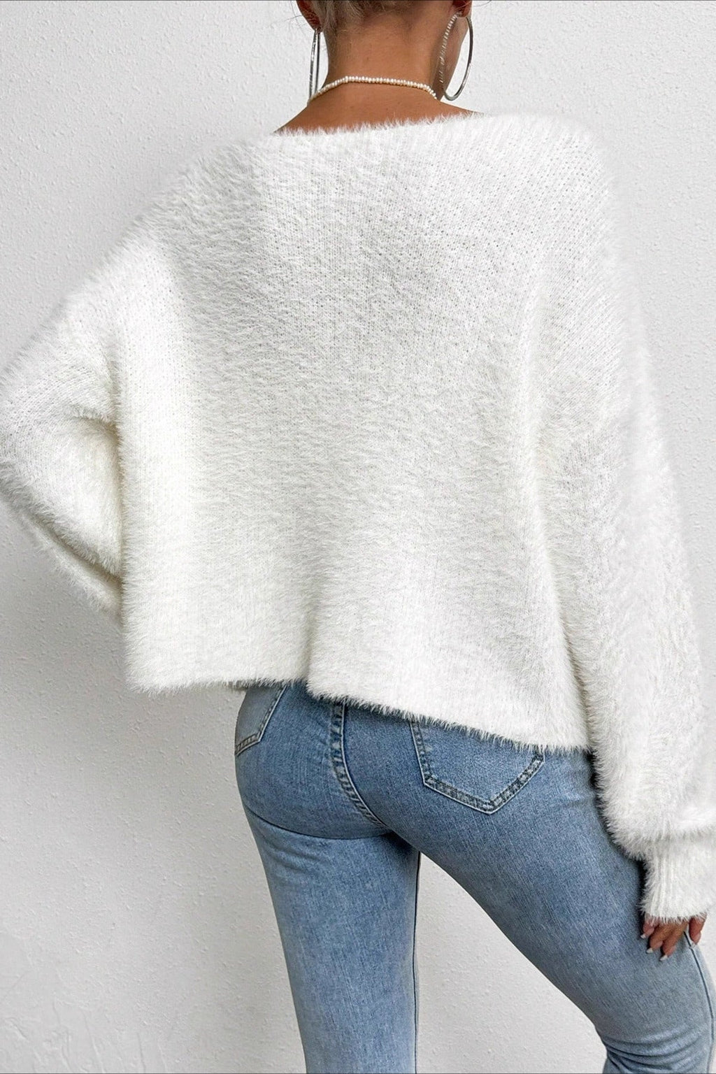 Elegant Pearl V-Neck Knit Sweate