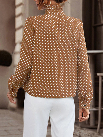 Loose Puff Sleeves Floral Pleated Polka-Dot Split-Joint Stand Collar Blouses