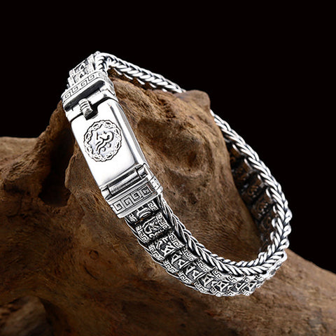 Pulsera de plata de ley con ruedas de oración y mantras budistas 