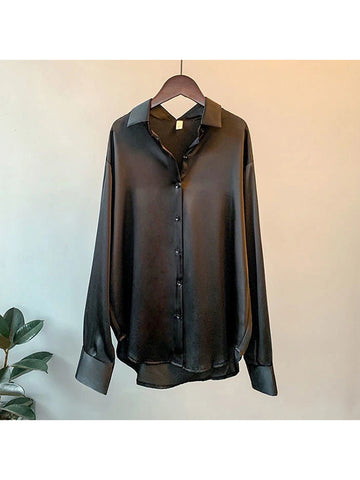 High Quality Elegant Imitation Silk Blouse Spring Women Fashion Long Sleeves Satin Blouse Vintage Femme Stand Street Shirts