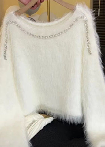 Beautiful White Zircon Cozy Knit Short Sweater Spring