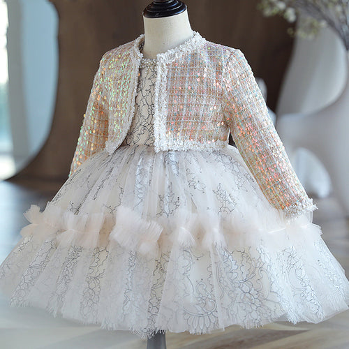 Vestido de primera comunión para niña, de dos piezas, con lentejuelas, térmico, para fiesta de cumpleaños 