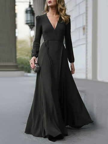 V-Neck Maxi Dress Strong Shoulder Belted A-Line Prom Dresses