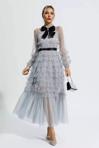 Langärmliges Midikleid mit Rüschenschleife und Hemdkragen 