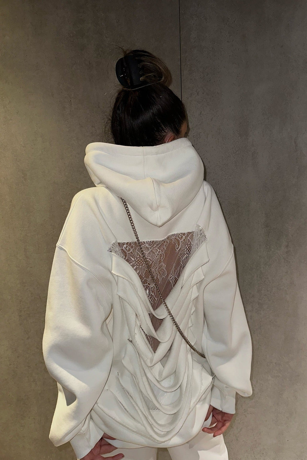 Lace Sheer Cutout Patchwork Hoodie