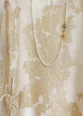 Art Apricot O-Ausschnitt Jacquard Patchwork Seidenblusen Laternenärmel