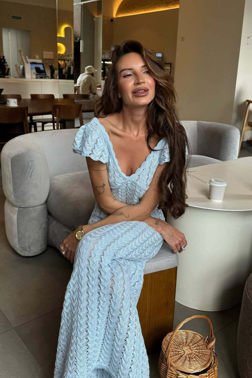 Knit V-Neck Backless Ruffle Maxi Dress