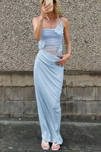 3D Floral Patchwork Halter Slim Cutout Waist Maxi Dress