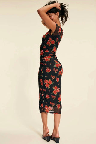 Vestido midi de malla floral con escote corazón 