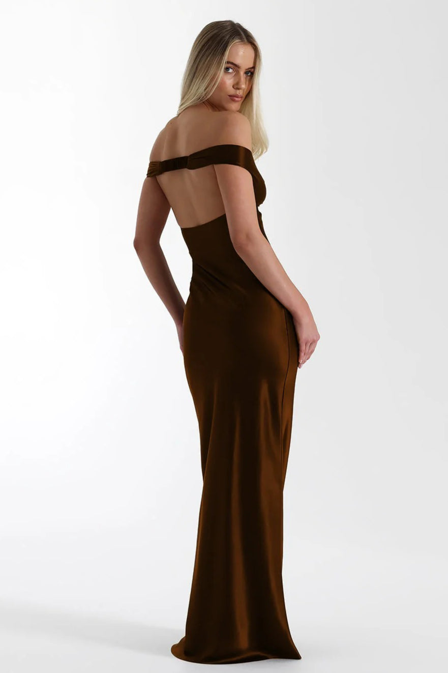 Vintage Satin Mermaid Off Shoulder Maxi Dress