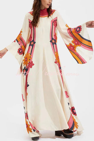 Shine The Light Unique Printed High Neck Bell Sleeve Loose Maxi Dress