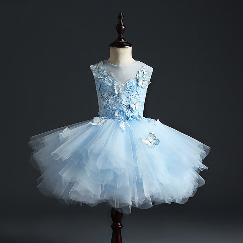 Kommunionkleid für Mädchen, festliches Prinzessinnenkleid, wunderschönes ärmelloses Festkleid mit Spitze und Schleife 