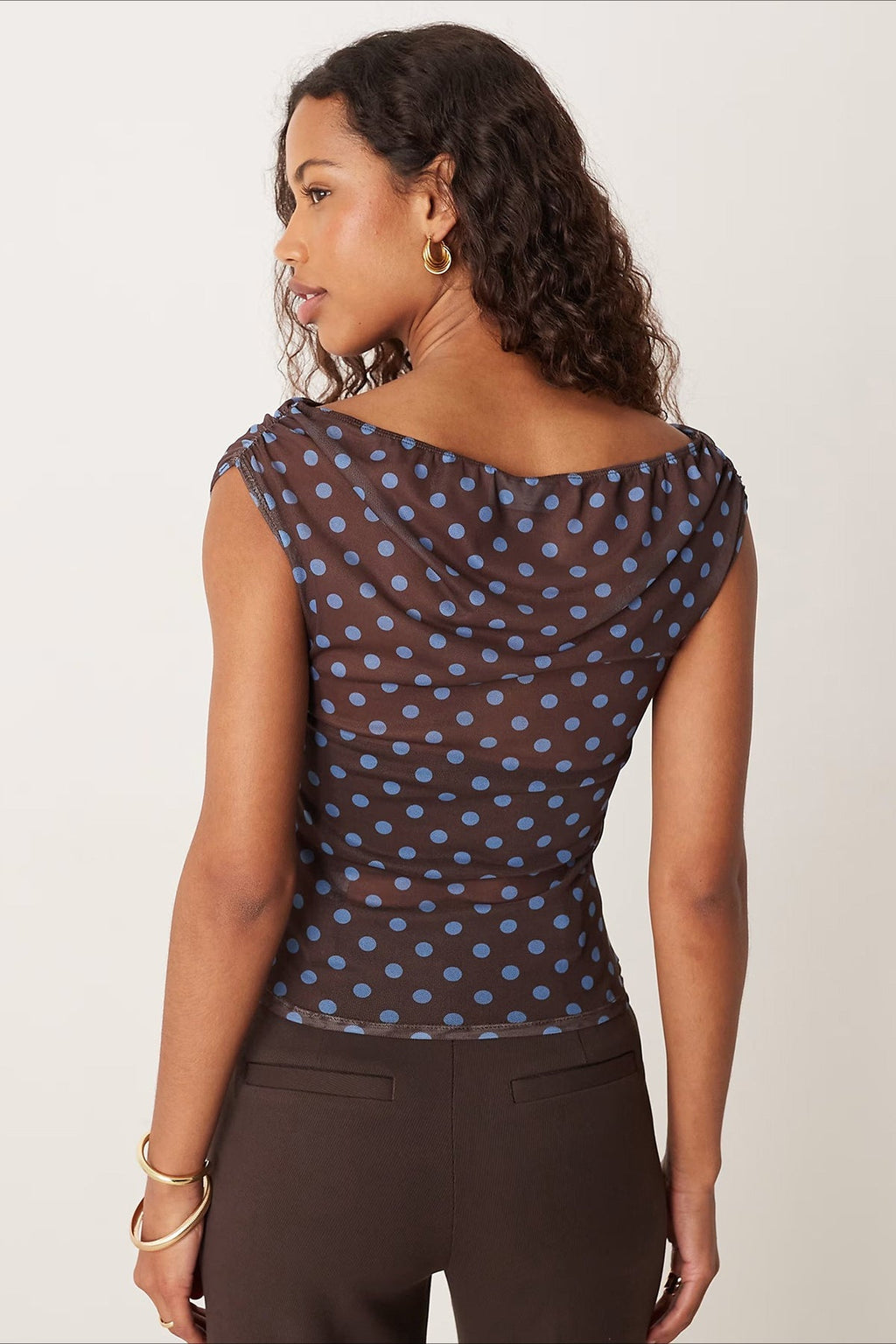Ruched Polka Dot Mesh Short Sleeve Blouse