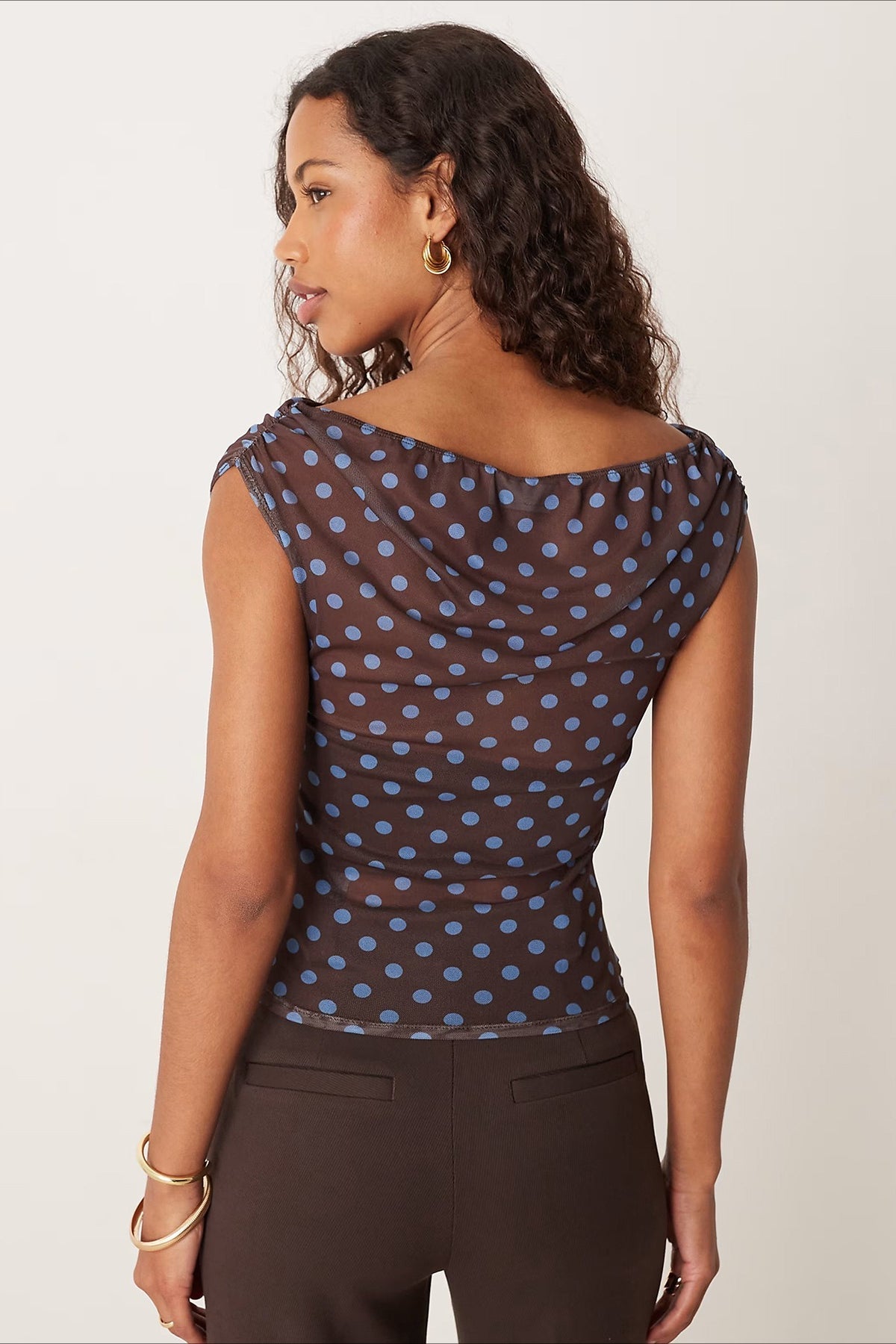 Ruched Polka Dot Mesh Short Sleeve Blouse