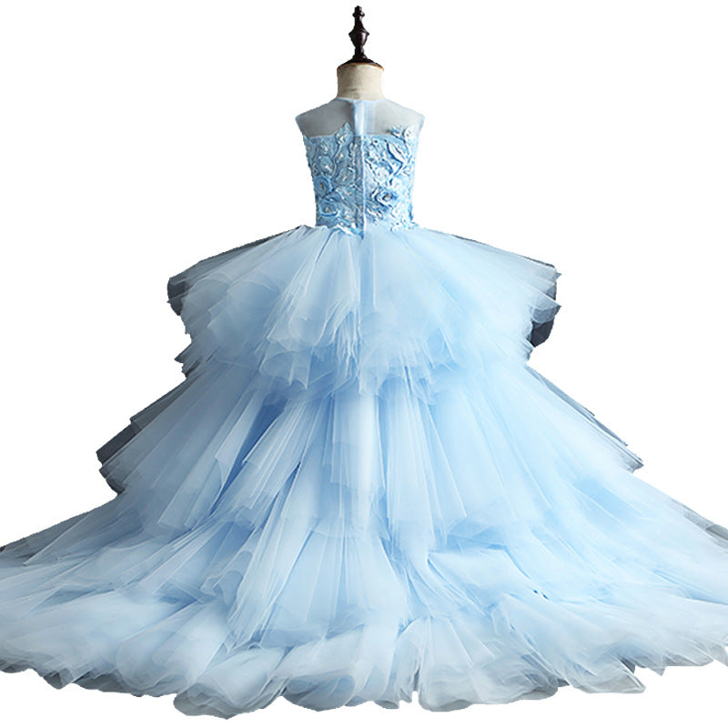 Kommunionkleid für Mädchen, festliches Prinzessinnenkleid, wunderschönes ärmelloses Festkleid mit Spitze und Schleife 