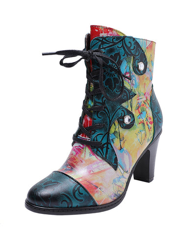 Blaue Bohemian-Stiefel mit Schnürung, geprägtem Spleiß und klobigem Absatz 