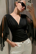 Mesh Patchwork V-Neck Long Sleeve Blouse