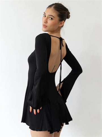 Tossy Rüschen Schnürung Rückenfreies Minikleid Für Frauen Langarm Bandage Elegante Hohe Taille Langarm Kleid Neue Feste Kleidung 