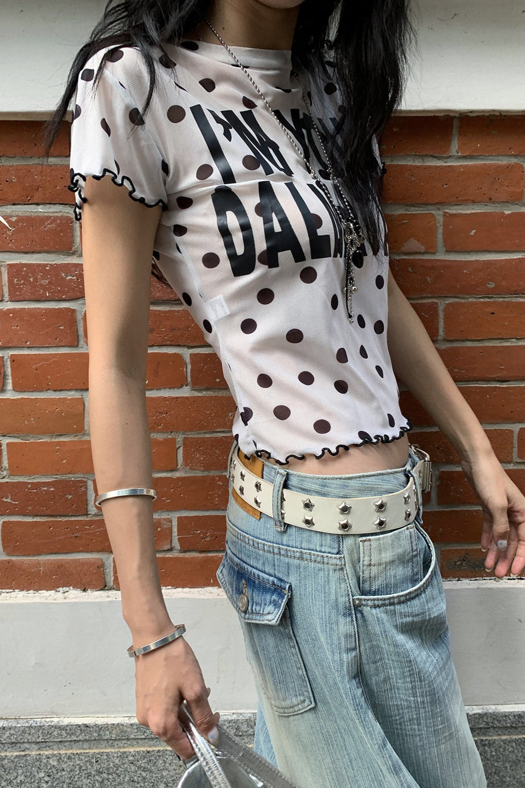 Mesh Polka Dot Letter Crop T-shirt
