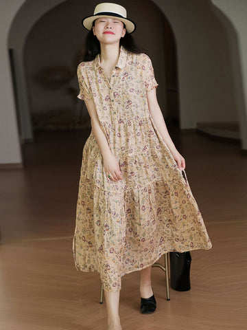 Women Summer Artsy Floral Drawstring Cardigan Ramie Dress