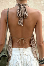 Leopard Mesh Irregular Ruffle Deep V Halter Top