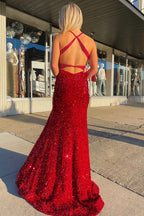 Vestido de fiesta largo de sirena con escote en V profundo y lentejuelas rojas con espalda abierta