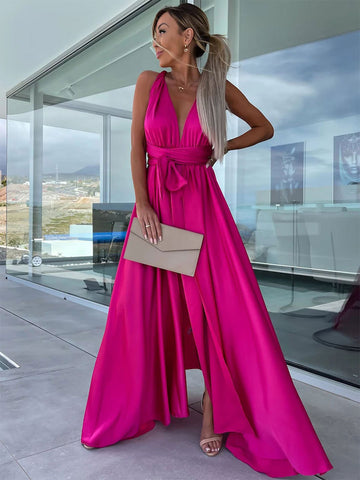 Überkreuztes Maxikleid, ärmellos, Empire-Taille, hochgeschlitztes Ballkleid 