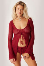 Solid Sexy V Neck Tie Knit Hollow Blouse
