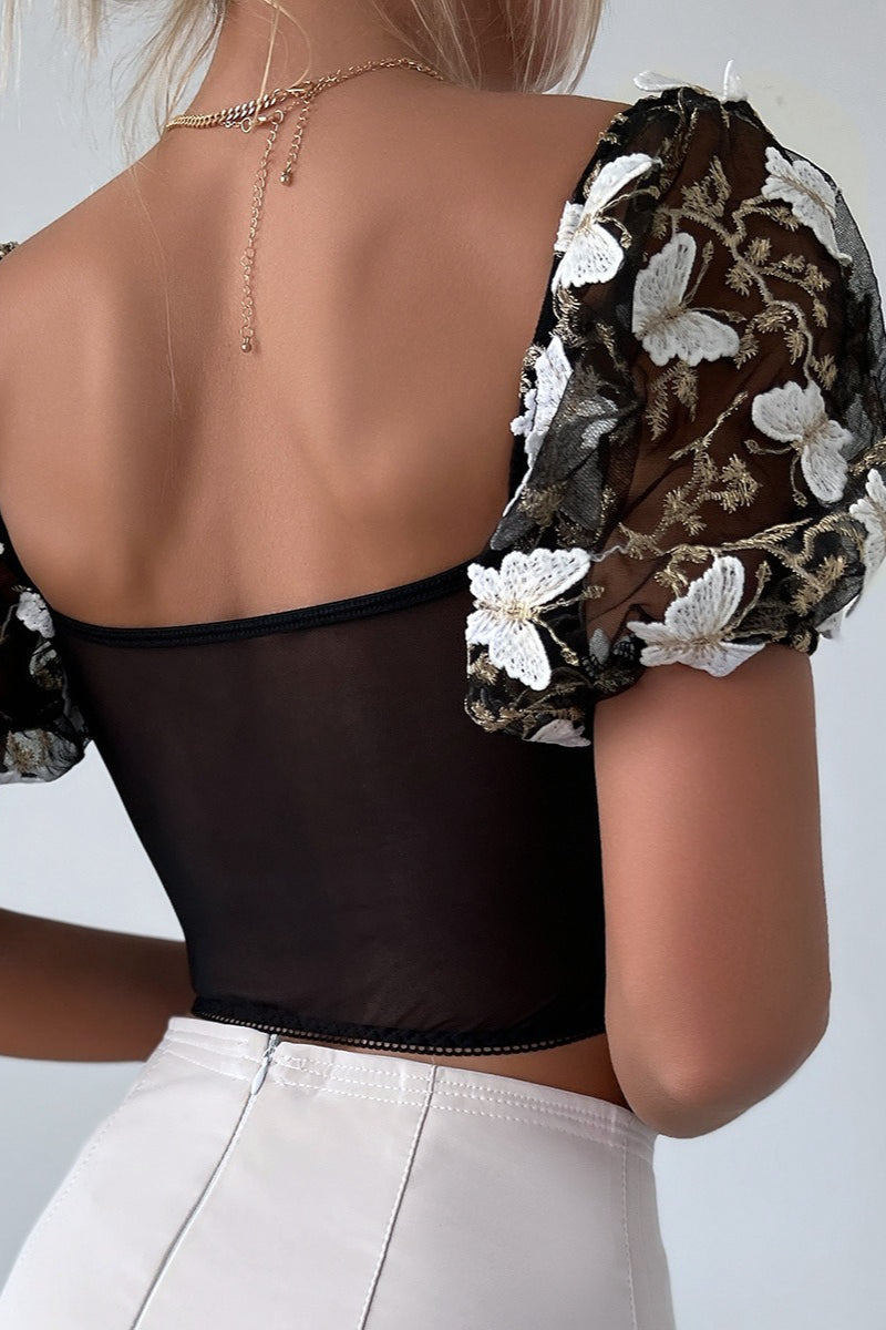 Sheer Butterfly Embroidery Mesh Panel Backless Cami Blouse