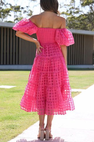 Vestido midi con mangas abullonadas y fruncido de tela con estampado cuadrado Dare To Dance 