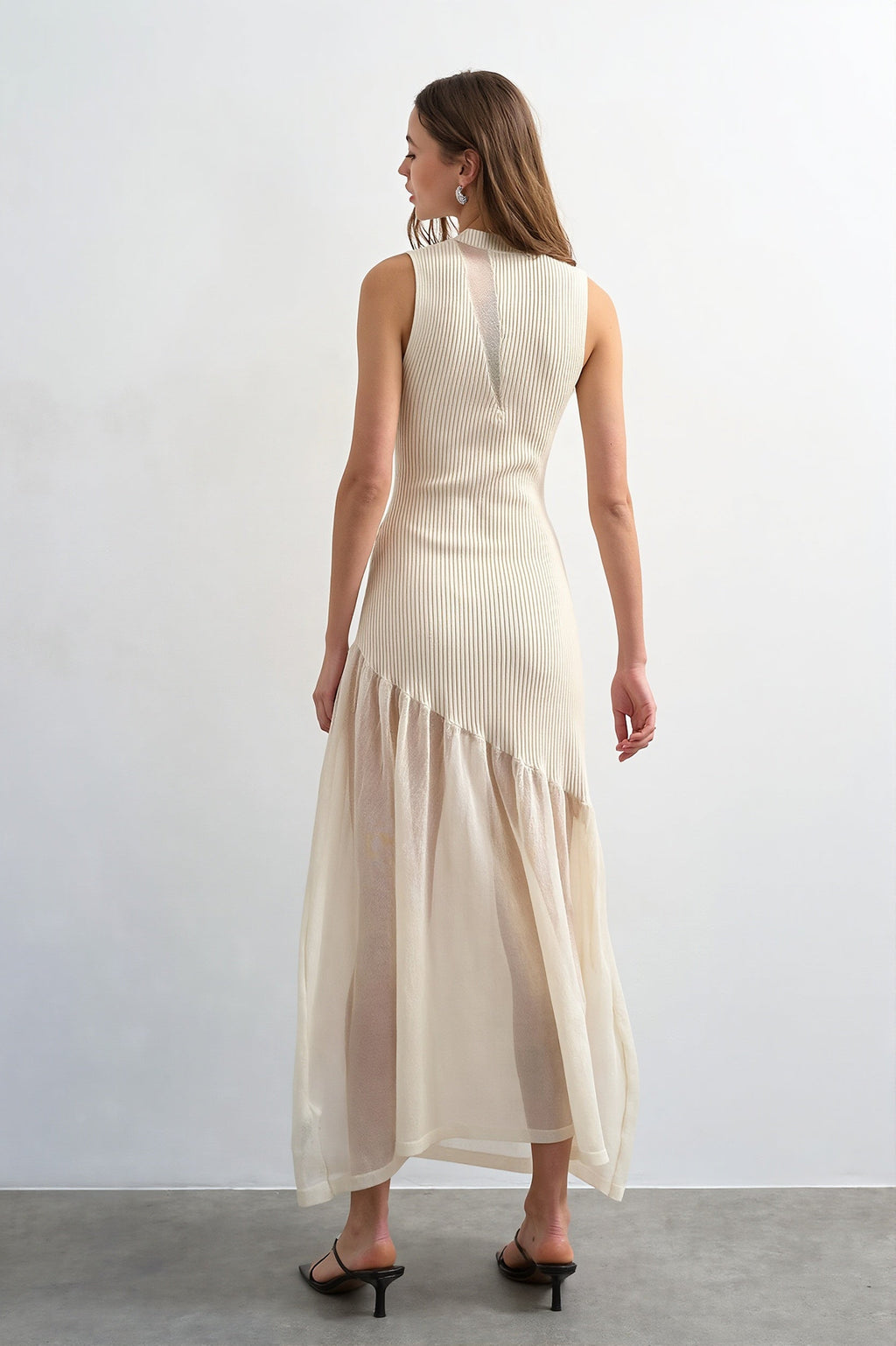 Ribbed Knit Mesh Splice Maxi Dress