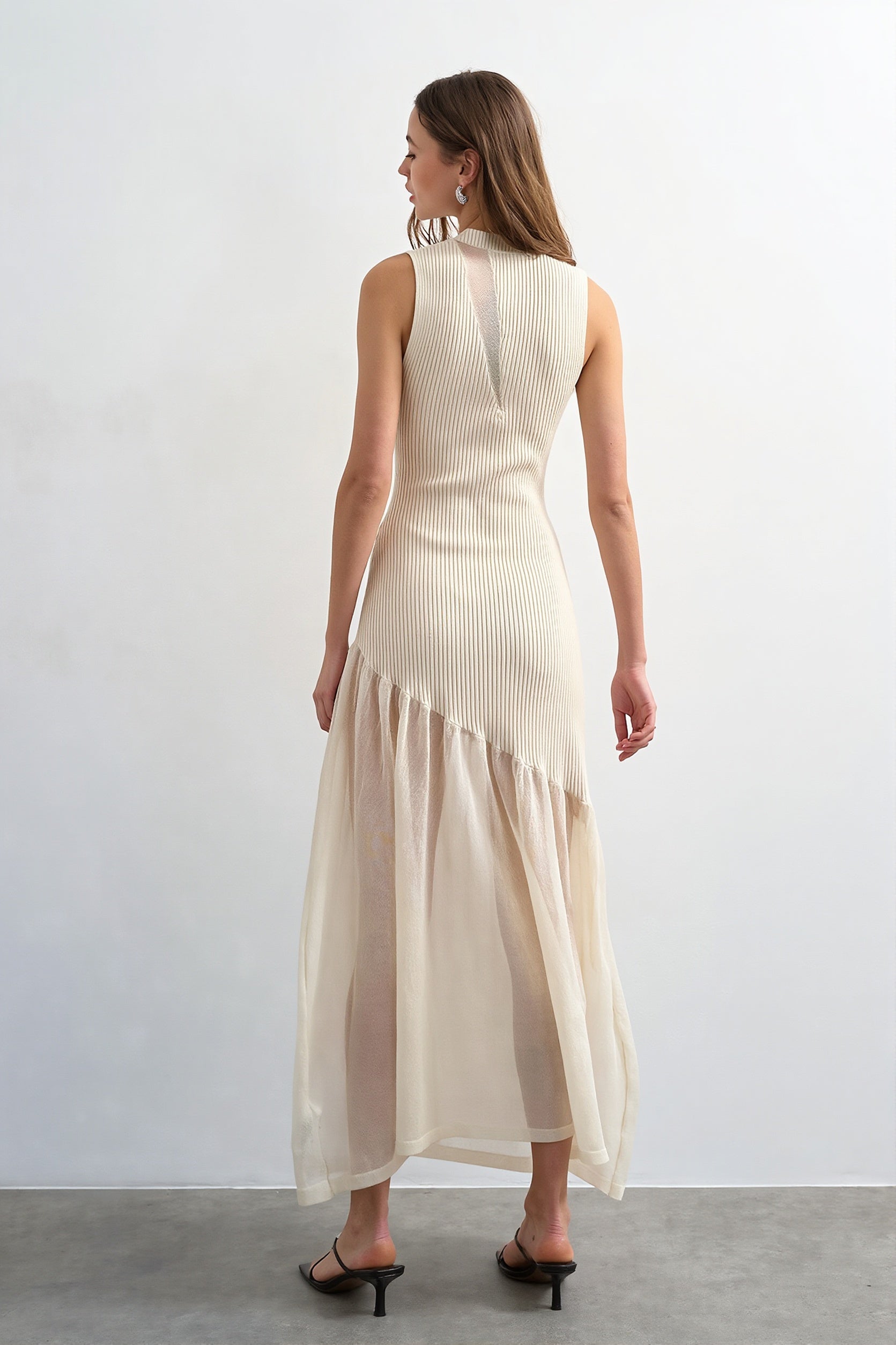 Ribbed Knit Mesh Splice Maxi Dress