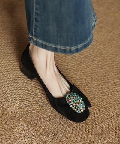 Französische schwarze Schleife Zirkon Spleißen Chunky Heel Schuhe Wildleder 