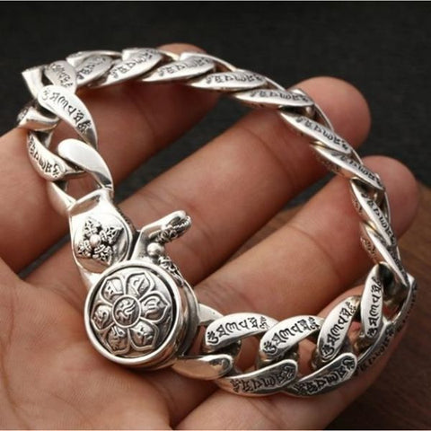 Sterling Silver Six Character Truth Vajra Pestle Curb Chain Bracelet