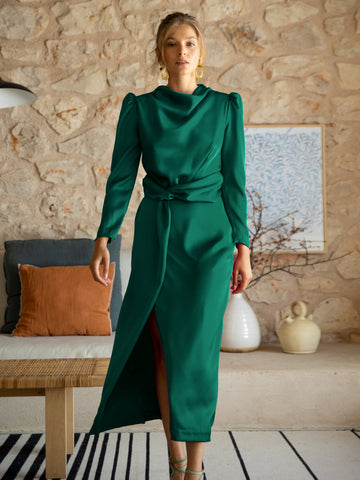 Vestido midi de satén Ximena de manga larga - Esmeralda 